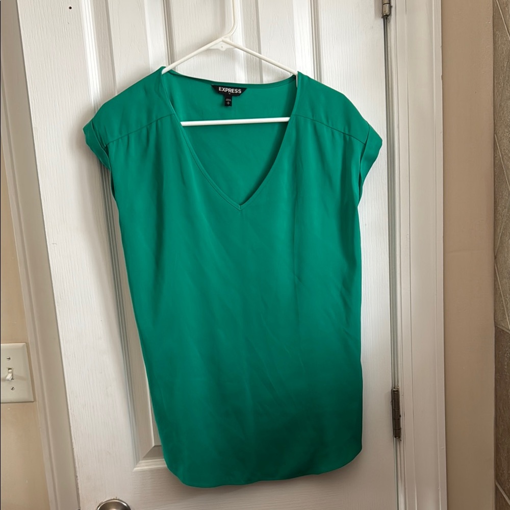 Express Women's Emerald Green V-Neck Blouse - M